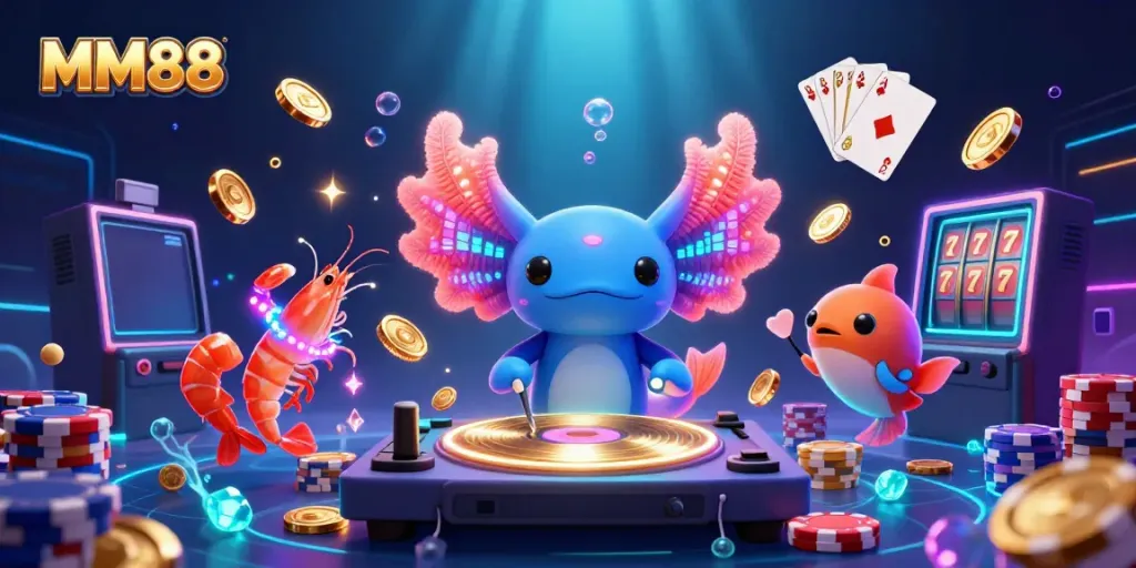 Engage with the vibrant MM88 underwater casino experience featuring a DJ axolotl, energizing shrimp dancers, and exciting game elements.